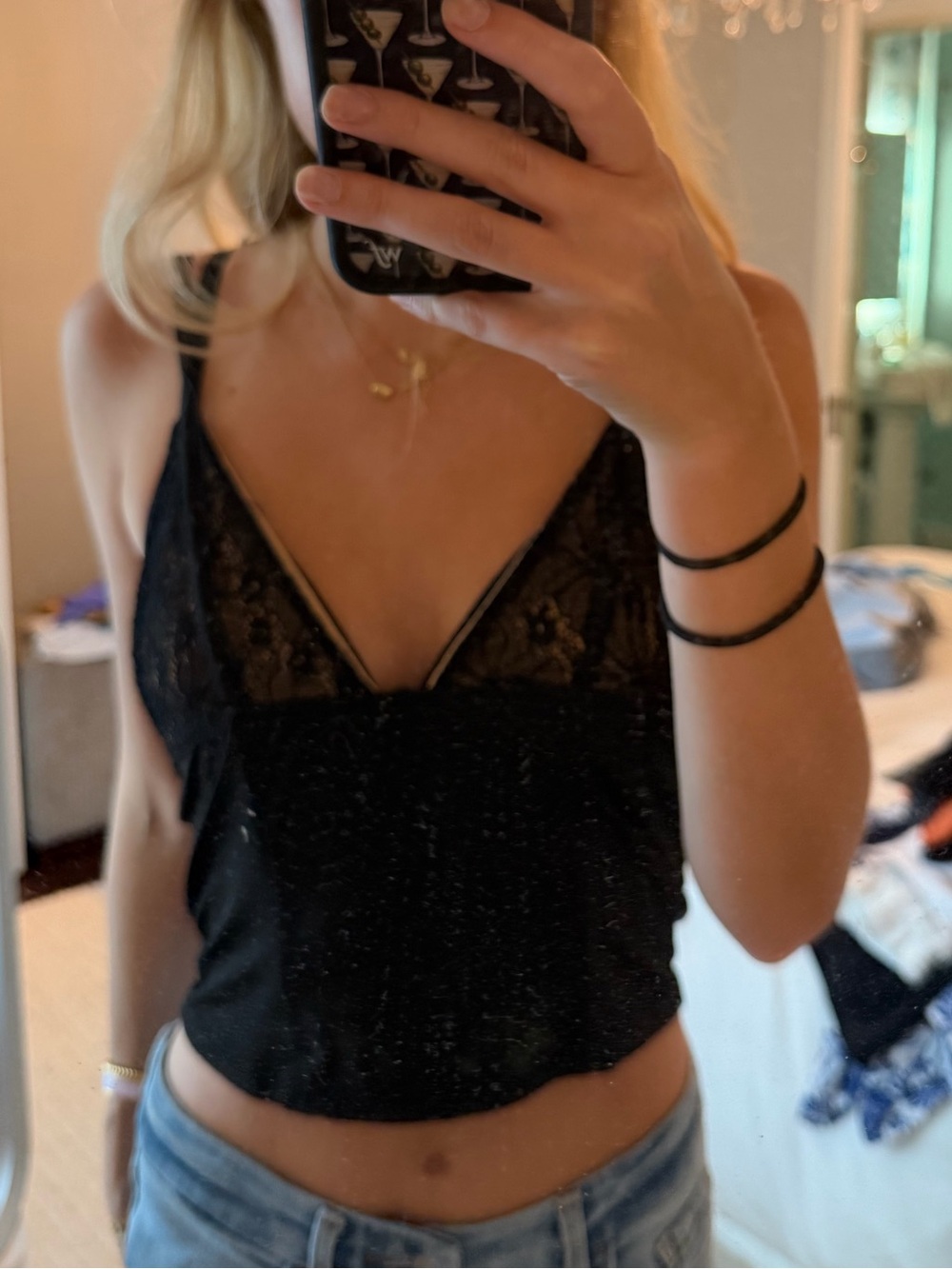 Black Lace Trim Cropped Cami Top